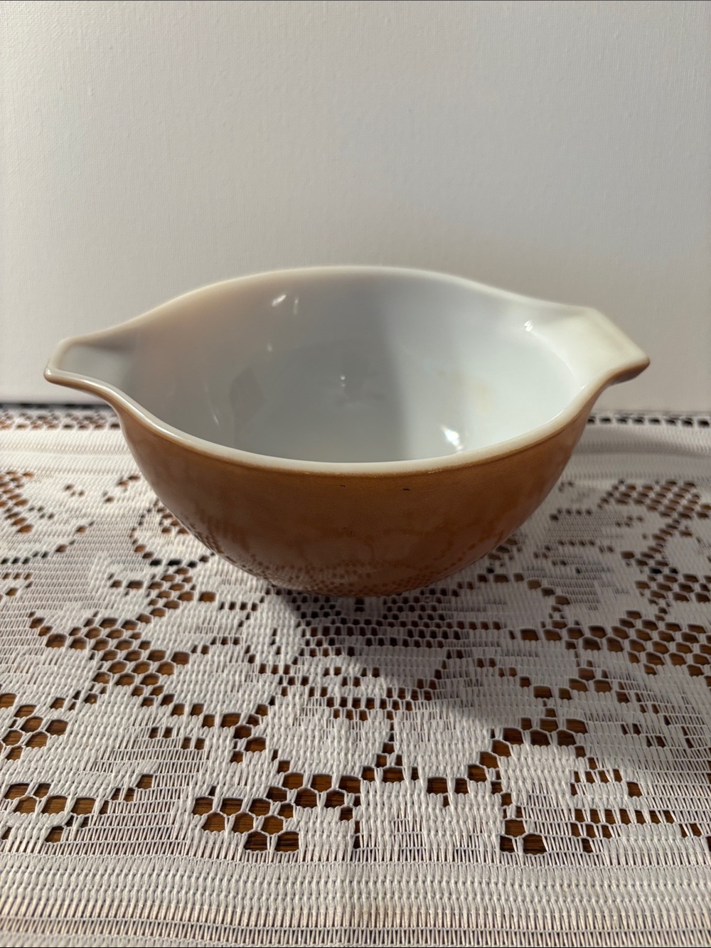 Vintage Pyrex Two-Handled Mixing Bowl in Amber and White